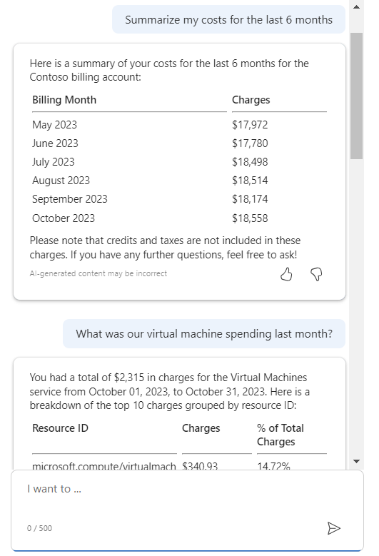 لقطة شاشة ل Microsoft Copilot في Azure تقدم ملخصا للتكاليف.