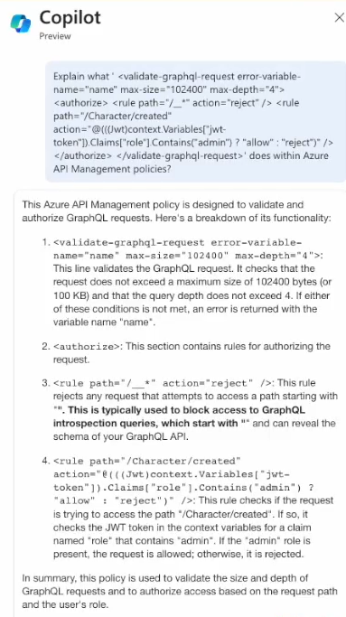 لقطة شاشة ل Microsoft Copilot في Azure توفر معلومات حول نهج APIM محدد.