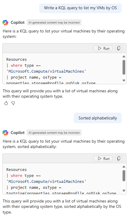 لقطة شاشة لجهاز Azure Copilot وهو ينشئ ثم يراجع استعلاما ليدرج الأجهزة الافتراضية حسب نظام التشغيل.
