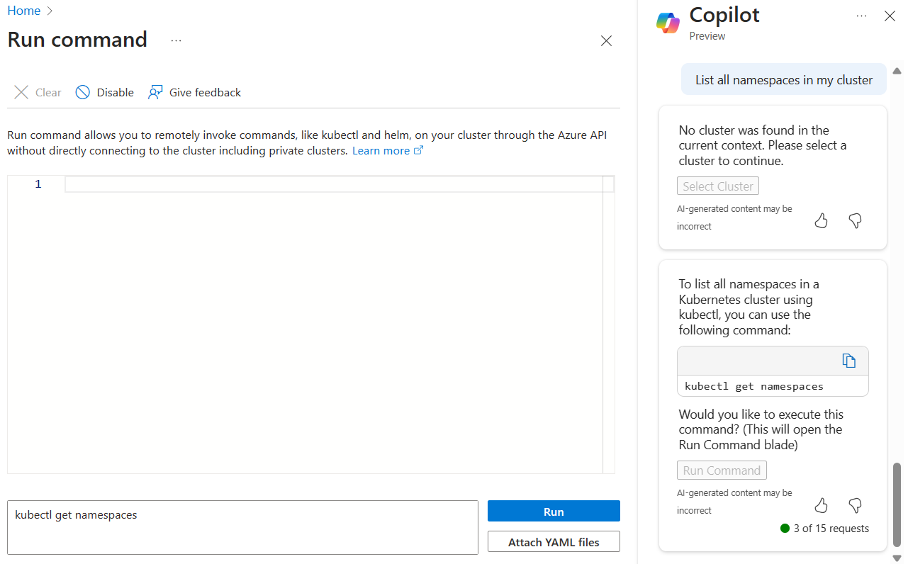 لقطة شاشة لمطالبة Microsoft Copilot في Azure بتشغيل أمر kubectl.