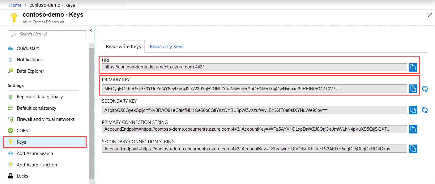 لقطة شاشة لمدخل Azure مع تمييز الزر «Keys» في صفحة حساب Azure Cosmos DB