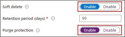 لقطة شاشة لخصائص الحماية من الحذف المبدئي والإزالة لمثيل Azure Key Vault جديد.