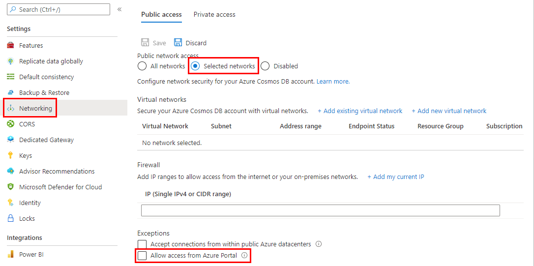 لقطة شاشة توضح كيفية تمكين الوصول إلى مدخل Microsoft Azure