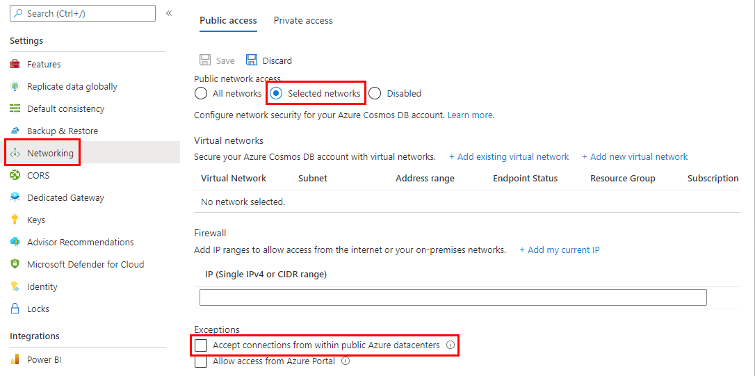 لقطة شاشة توضح كيفية قبول الاتصالات من مراكز بيانات Microsoft Azure