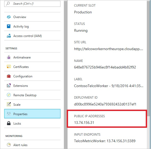 لقطة شاشة تعرض عنوان IP العام لخدمة شبكة النظير معروضة في مدخل Microsoft Azure