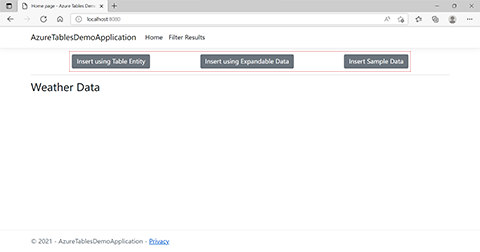 لقطة شاشة للتطبيق تعرض موقع الأزرار المستخدمة لإدراج البيانات في Azure Cosmos DB باستخدام Table API.