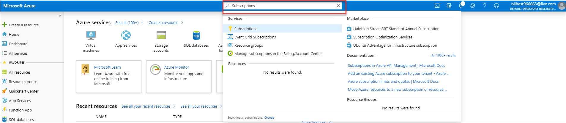 لقطة شاشة تعرض البحث في مدخل Microsoft Azure عن الاشتراكات.