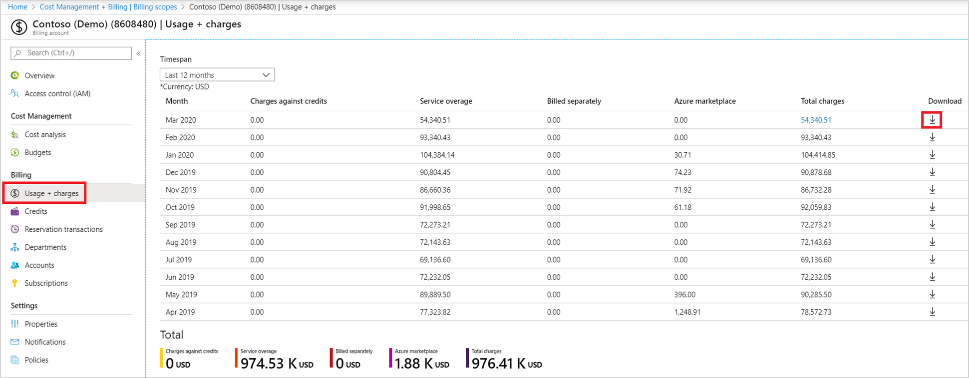 تظهر لقطة الشاشة صفحة Cost Management + Billing Invoices لعملاء E A.