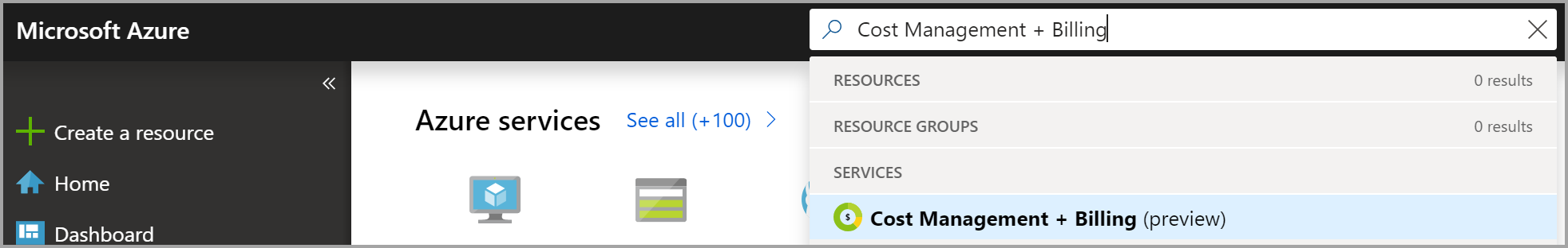 لقطة شاشة تعرض بحث مدخل Microsoft Azure عن Cost Management + Billing.