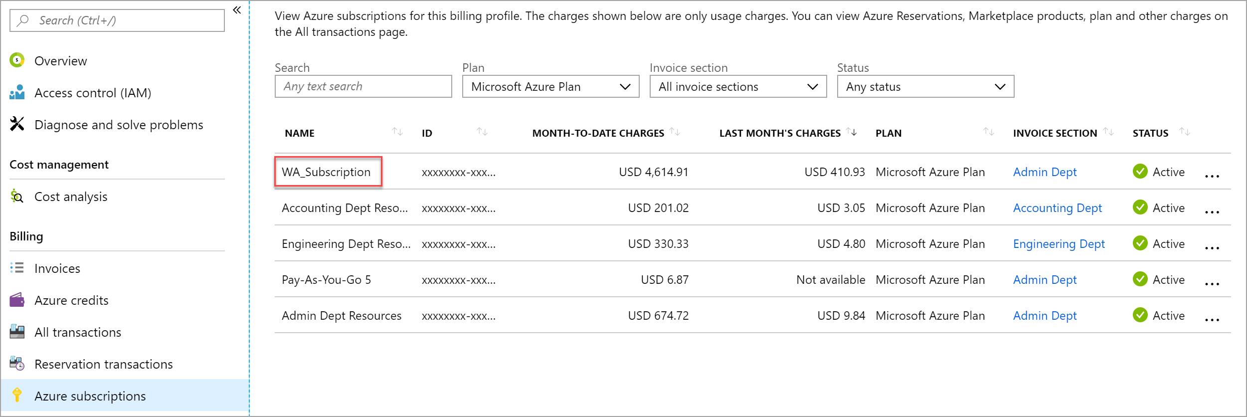 لقطة شاشة تعرض قائمة الاشتراكات في مدخل Microsoft Azure مع استدعاء اشتراك واحد.