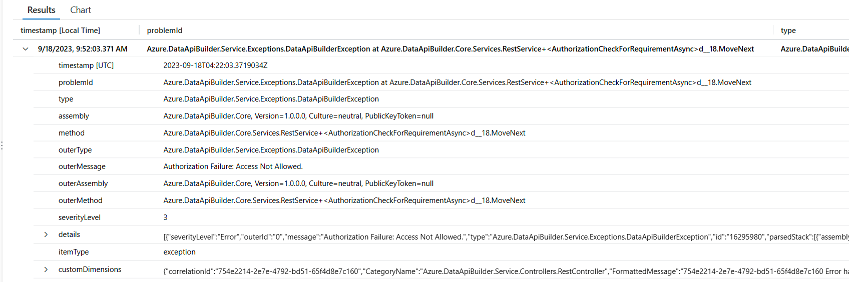 Screenshot of the results of a query for Data API builder exceptions in Application Insights.