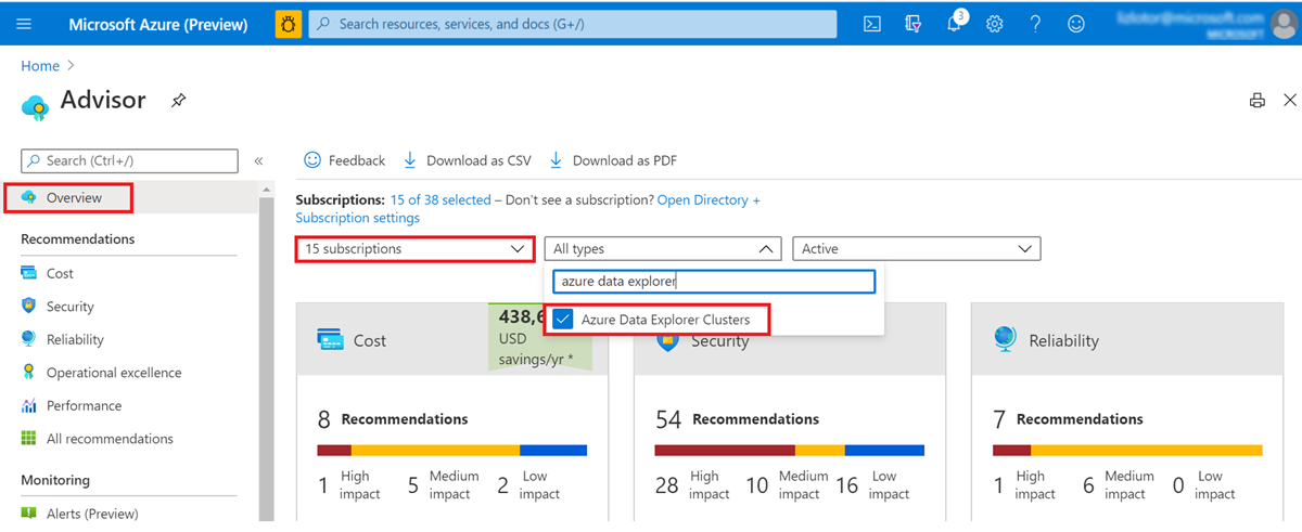 Screenshot of Azure Advisor resource page.