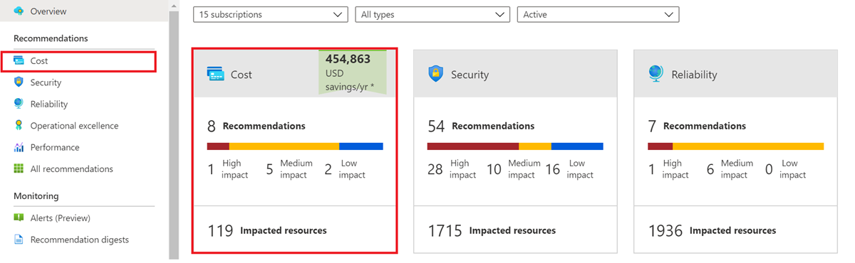 Screenshot of the Azure Advisor interface showing the selection of recommendation type.