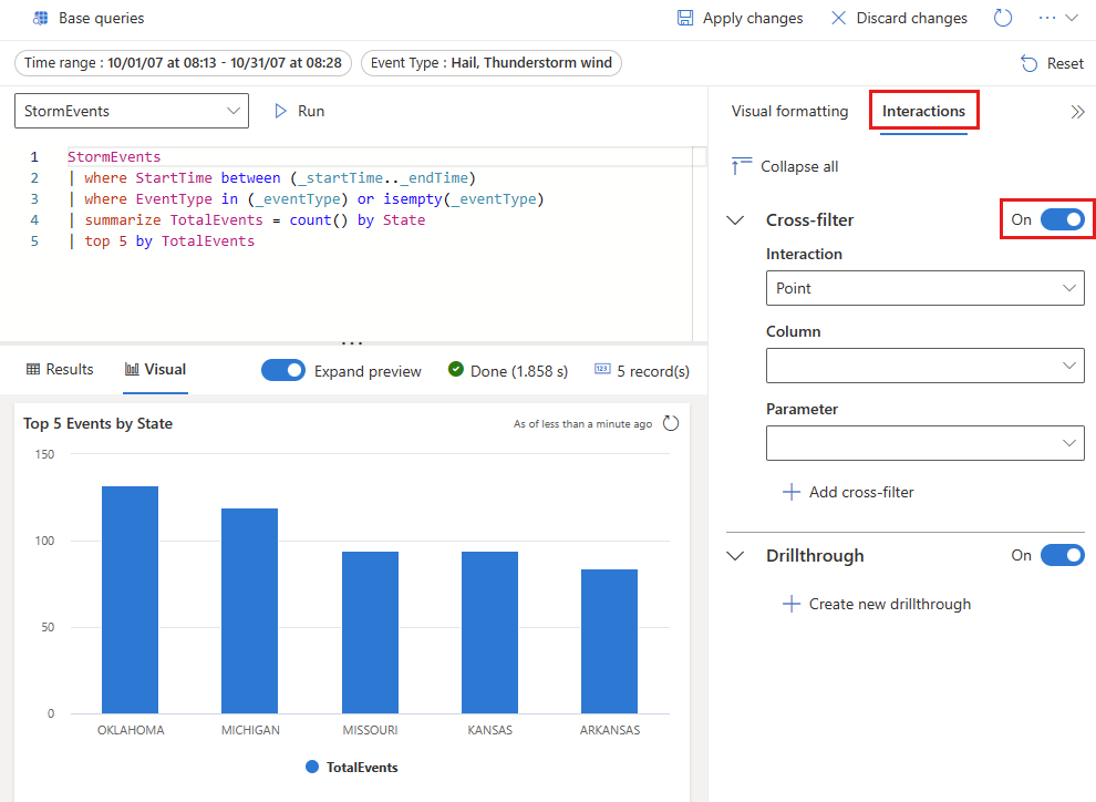 Screenshot of the edit visual page, showing the interactions tab.