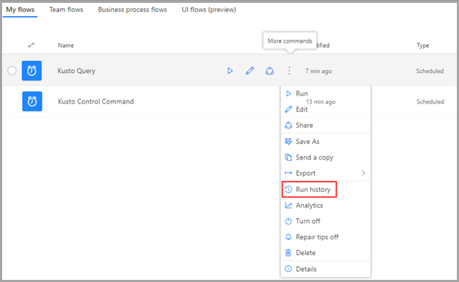 Screenshot of My flows tab, showing Run history highlighted.