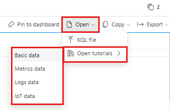 Screenshot showing Azure Data Explorer web U I dropdown menu to choose sample tutorials in query window.