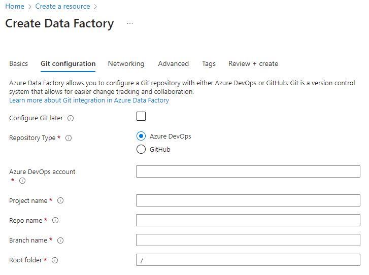 لقطة شاشة تظهر واجهة إنشاء Azure Data Factory مع إعدادات إعدادات Git المعروضة.