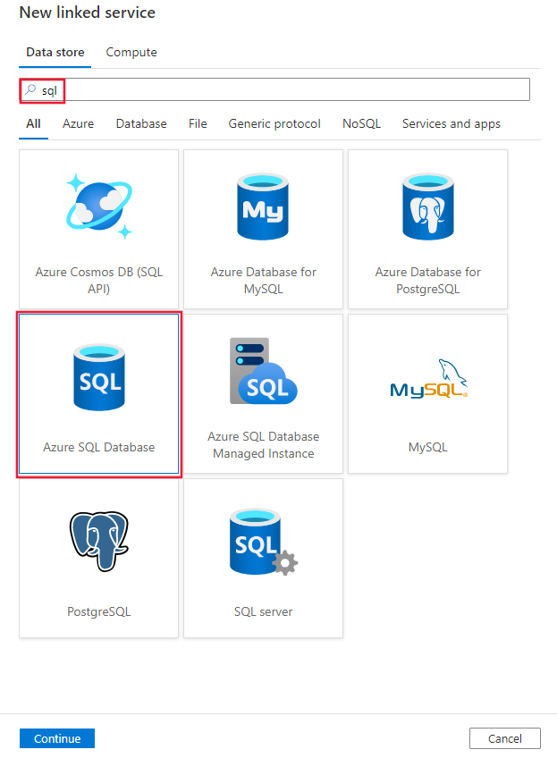 حدد موصل Azure SQL Database.