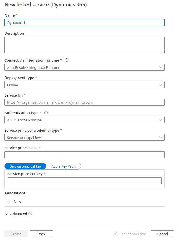 لقطة شاشة لتكوين الخدمة المرتبطة ل Dynamics 365.