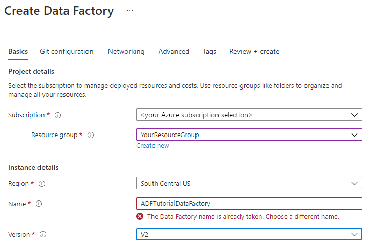 لقطة شاشة لرسالة خطأ New data factory لاسم مكرر.