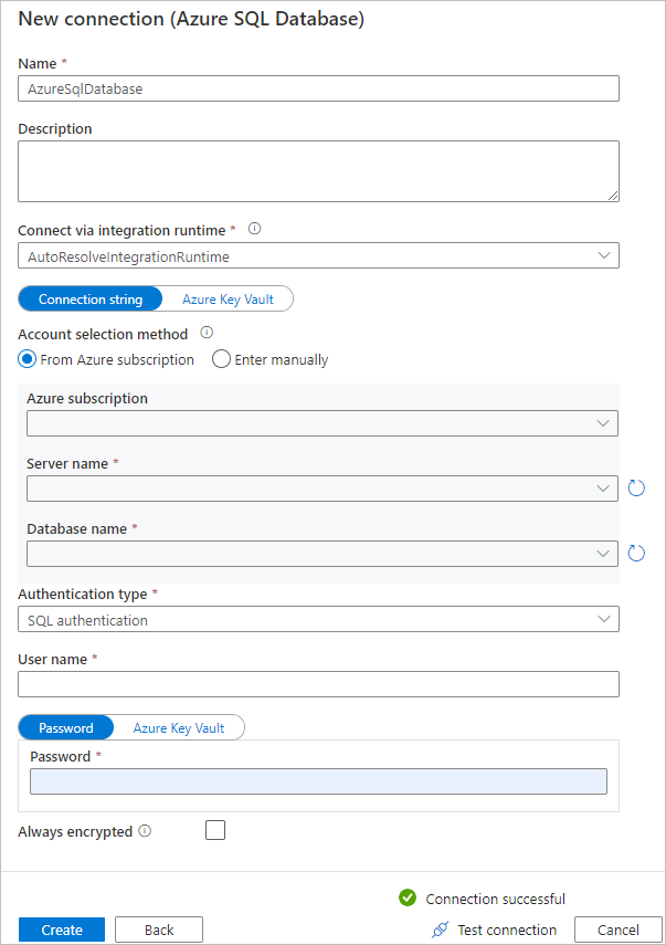 لقطة شاشة لصفحة تكوين قاعدة بيانات Azure SQL.