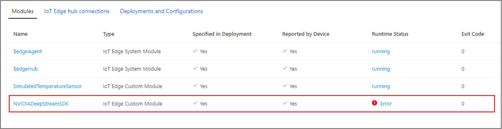 لقطة شاشة لمدخل Microsoft Azure، حالة وقت تشغيل الوحدة النمطية NVIDIA DeepStream SDK مع حالة الخطأ.