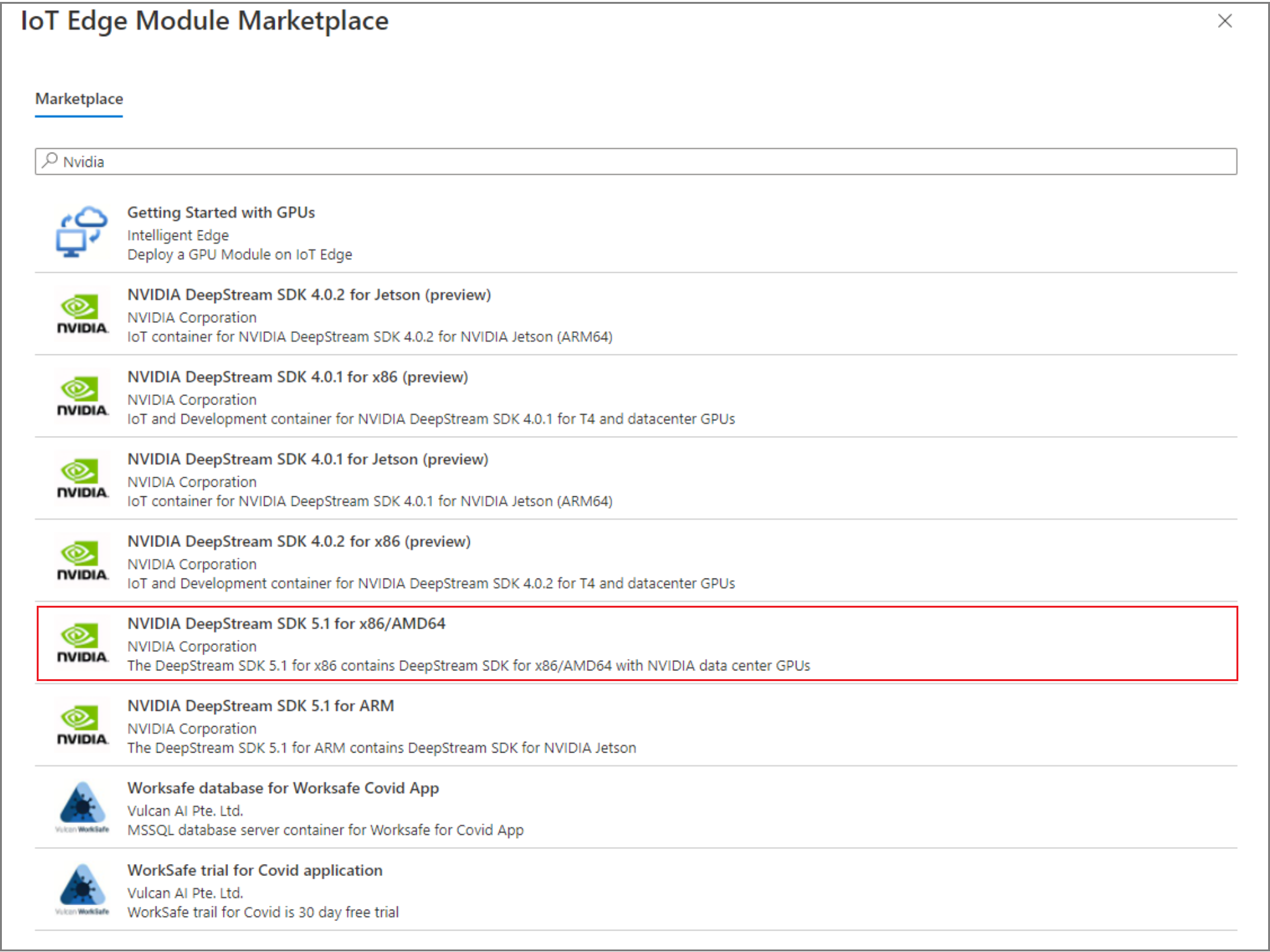 لقطة شاشة لمدخل Microsoft Azure، IoT Edge Module Marketplace، خيارات الوحدات النمطية.