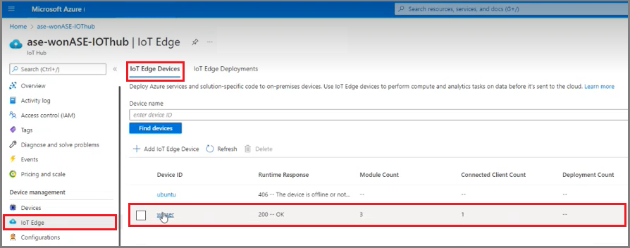 لقطة شاشة لمدخل Microsoft Azure، وIoT Edge، وجهاز IoT Hub.