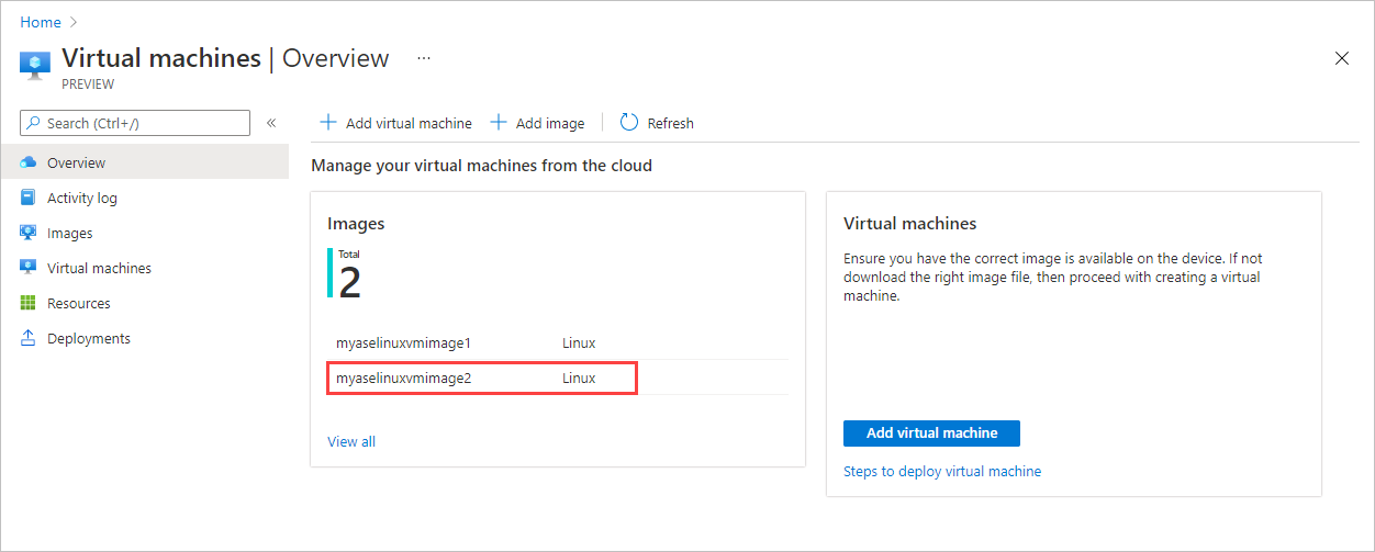 لقطة شاشة تعرض جزء نظرة عامة للأجهزة الظاهرية على جهاز Azure Stack Edge. يتم تمييز صورة الجهاز الظاهري المضافة حديثا.