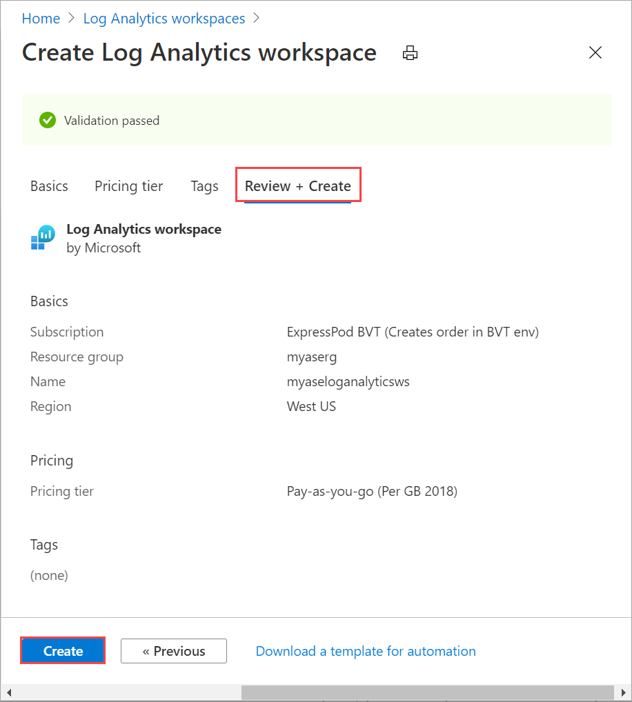 مراجعة + إنشاء لمساحة عمل Log Analytics