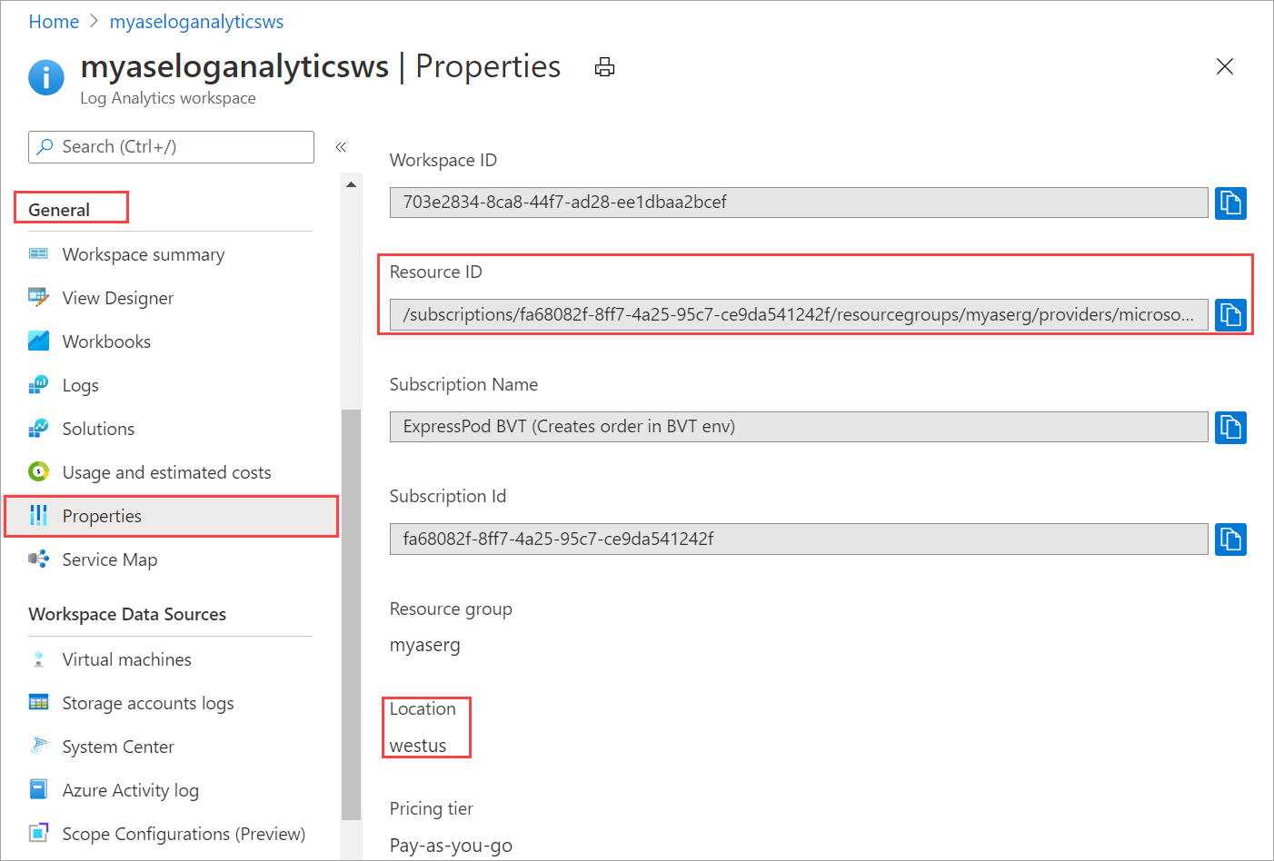 خصائص مساحة عمل Log Analytics