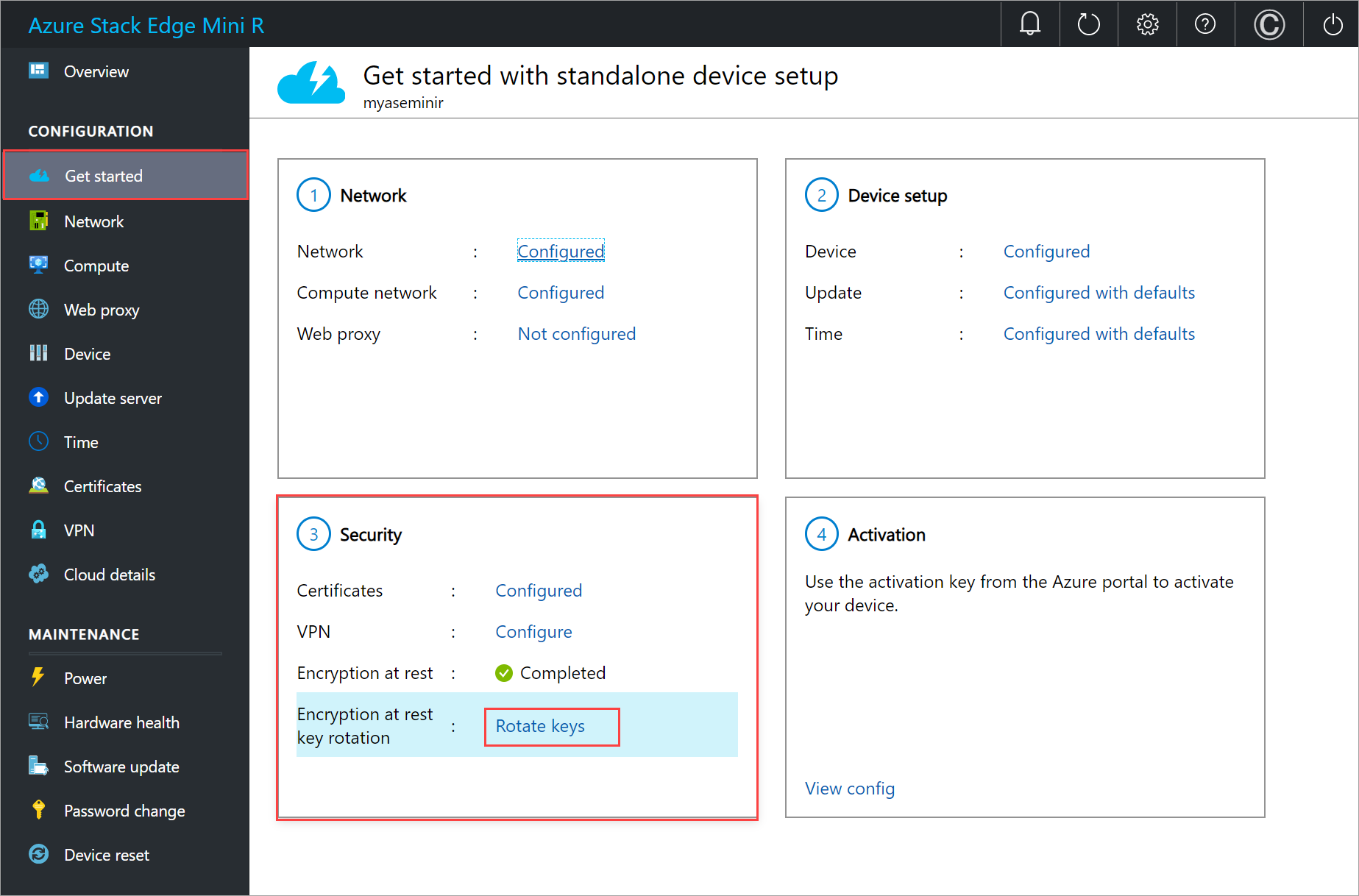 حدد Rotate keys for Encryption-at-rest في صفحة Get started