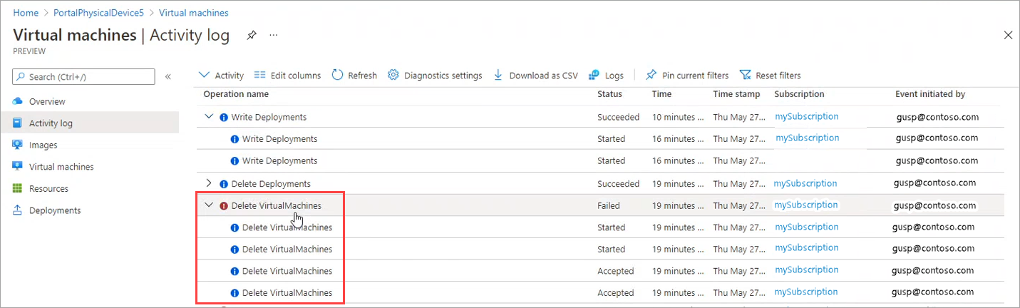 لقطة شاشة تعرض صفحة سجلات النشاط للأجهزة الظاهرية على جهاز Azure Stack Edge. يتم تمييز عملية موسعة في القائمة.