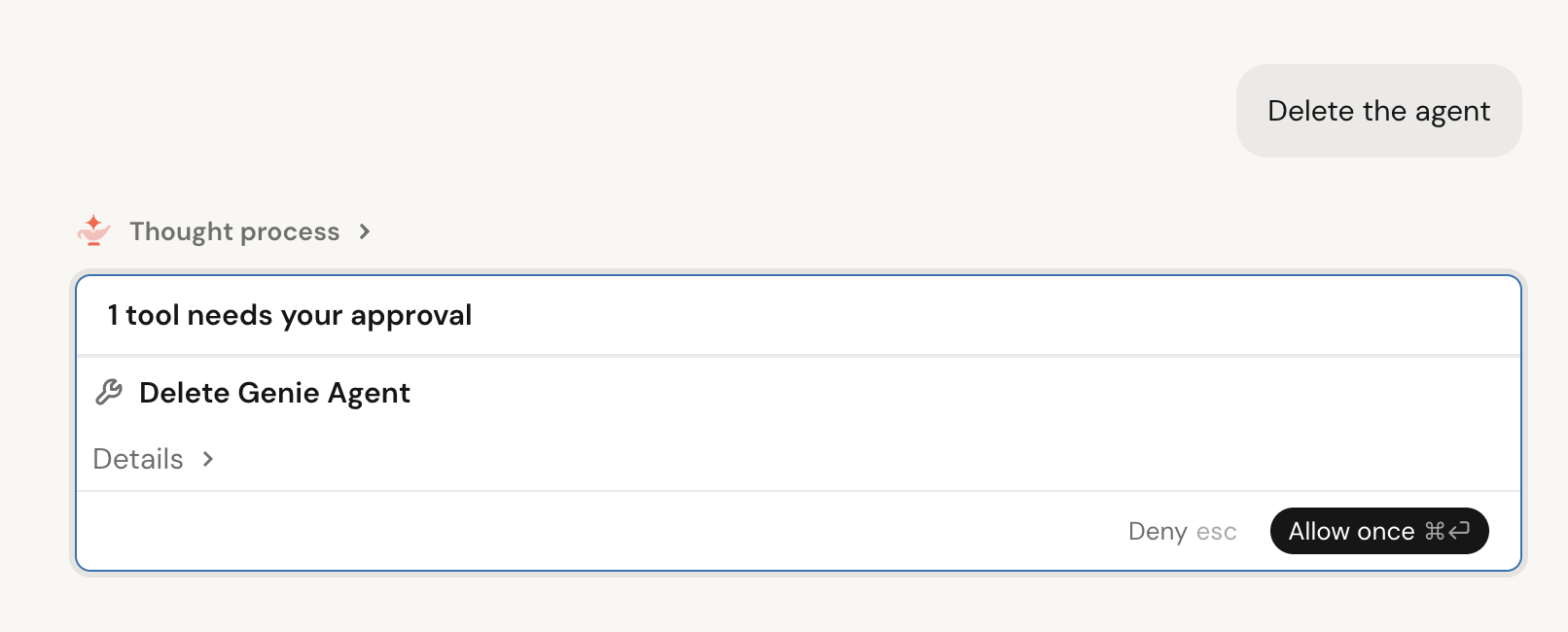 The confirmation prompt that Genie One shows before it deletes a Genie Agent.