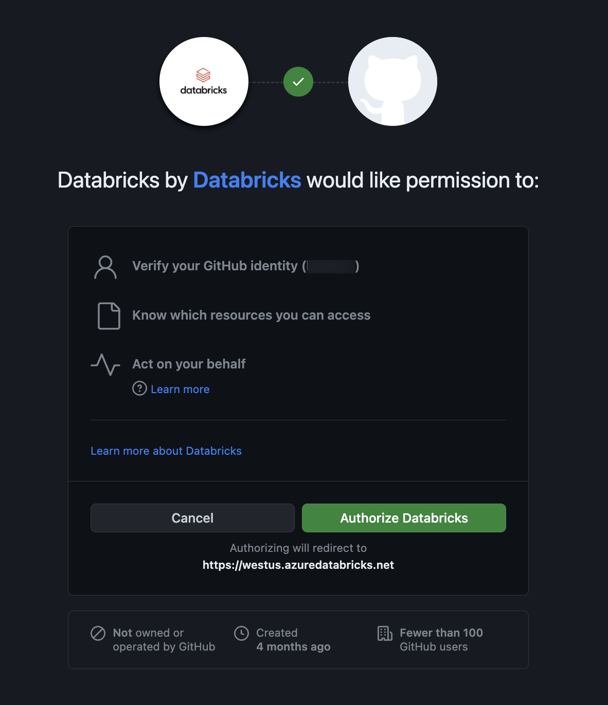 صفحة تخويل تطبيق Databricks GitHub