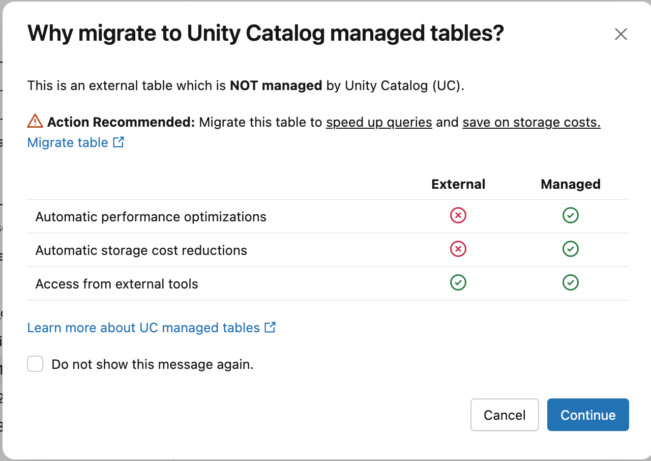 The Why migrate to Unity Catalog managed tables dialog with the Continue button