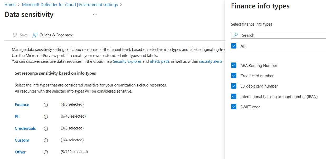 Screenshot of the data sensitivity page, showing the sensitivity settings.