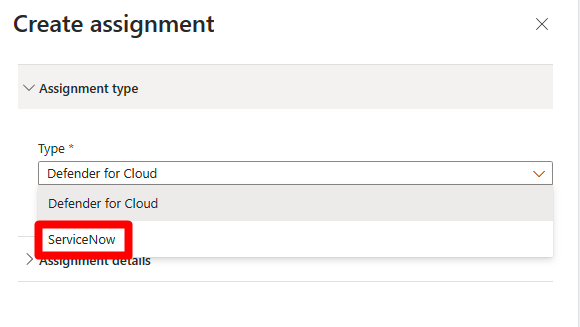 لقطة شاشة تعرض نافذة إنشاء التعيين وحقل النوع حيث تحدد ServiceNow.