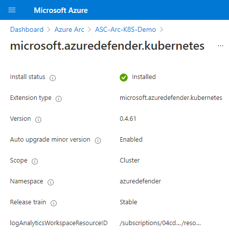 التفاصيل الكاملة لملحق Azure Arc على مجموعة Kubernetes.