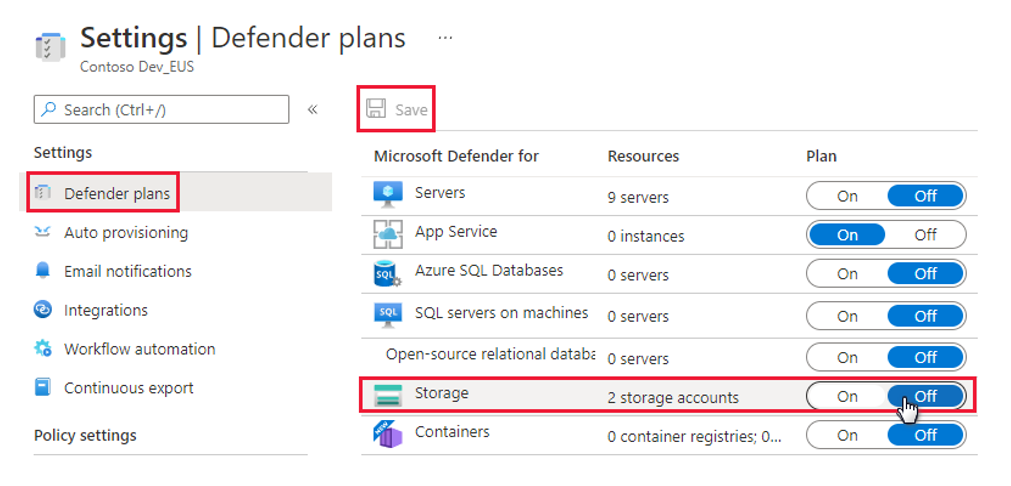 لقطة شاشة توضح كيفية إيقاف تشغيل خطة Defender for Storage.