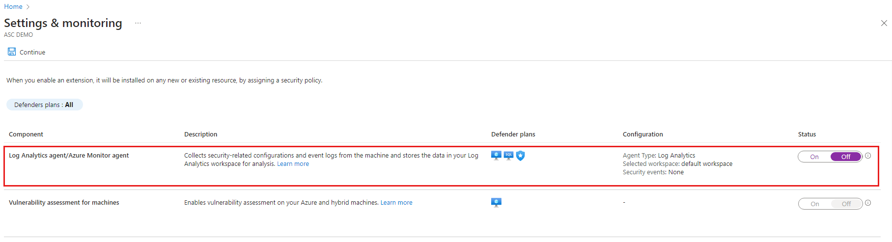 Screenshot of turning off the Log Analytics setting.