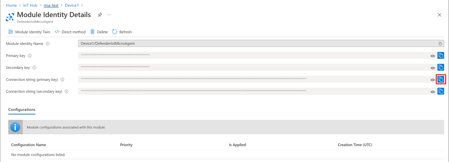 حدد زر النسخ لنسخ سلسلة الاتصال (primary key).