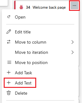Screenshot showing Add test in the context menu of a backlog item.