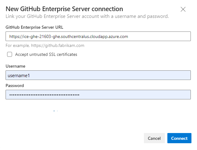 Screenshot of New GitHub Enterprise connection screen, User Name connection dialog.