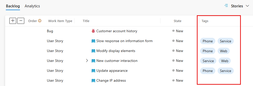 Screenshot shows the Product backlog where you can see the Tags column.
