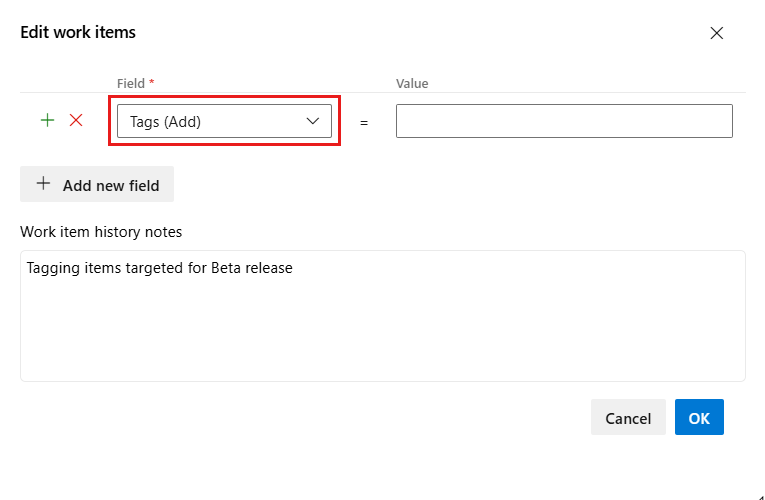 Screenshot shows the Edit work items dialog, with Tags value to be added.