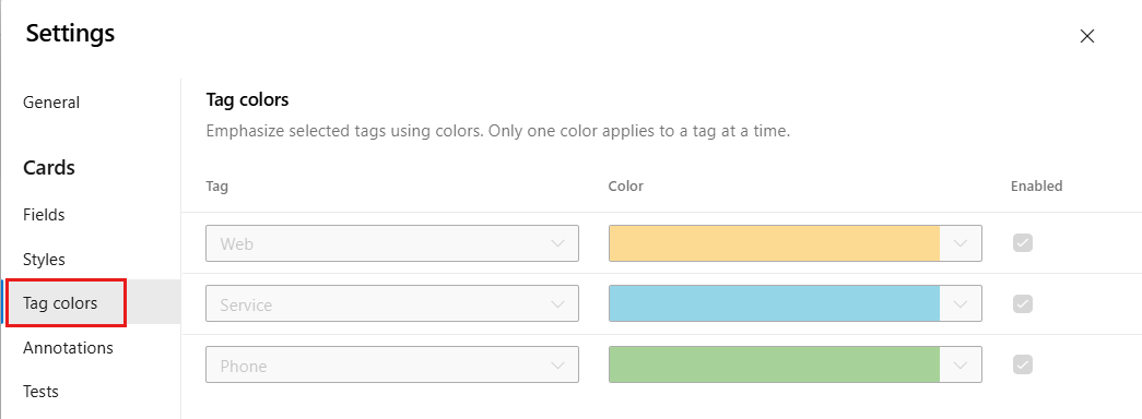 Screenshot shows the Tag colors page for setting colors for tags.