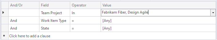 Screenshot of Visual Studio Query Editor, flat-list query, specify two projects clause.