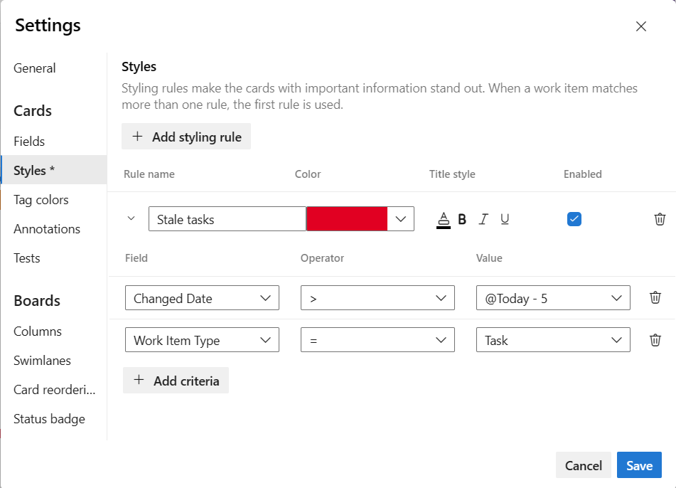 Screenshot showing Taskboard, Style dialog, and example style rule.