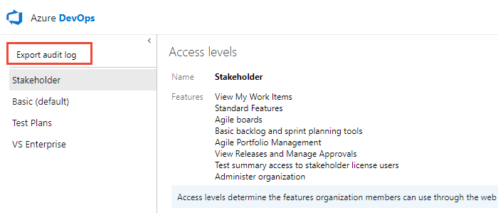 Screenshot of Export audit log, Azure DevOps Server 2019 and 2020, Web portal, 